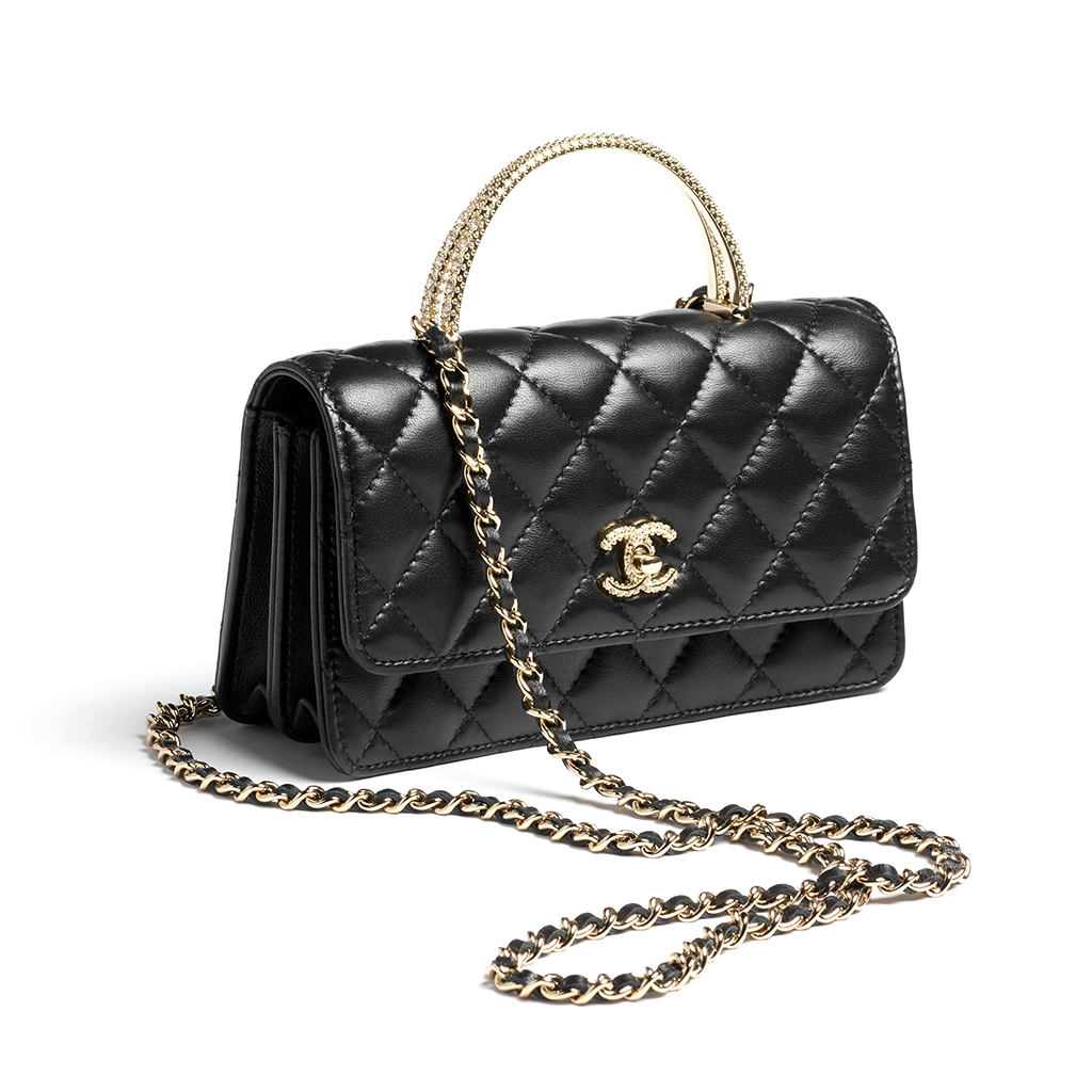 Ch*el clutch with chain lambskin, strass & gold-tone metal black ap4831 (18.5*11*6cm)